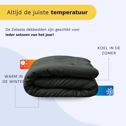 De Zelesta Japandibed Katoen Mousseline in groen wordt getoond op een lichte achtergrond met weerpictogrammen. Tekst benadrukt het dubbelgeweven katoen, waardoor het knus is in de winter en koel in de zomer - perfect voor alle seizoenen.