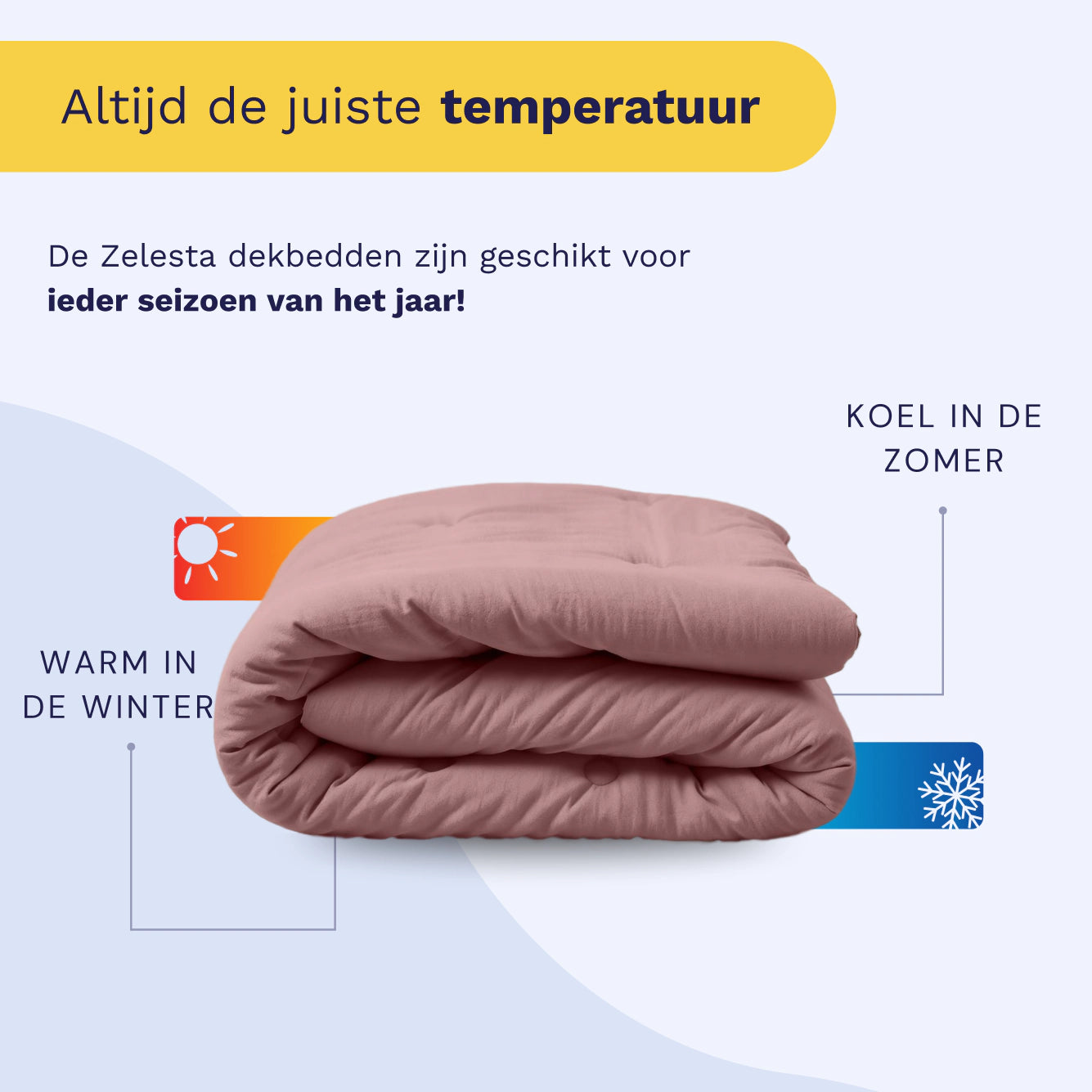 De Zelesta Japandibed Katoen Mousseline - Oud Roze is opgevouwen afgebeeld, met icoontjes die warmte in de winter en koelte in de zomer aangeven. In de Nederlandse tekst staat dat het perfect is voor alle seizoenen en is gemaakt van zacht mousseline katoen.