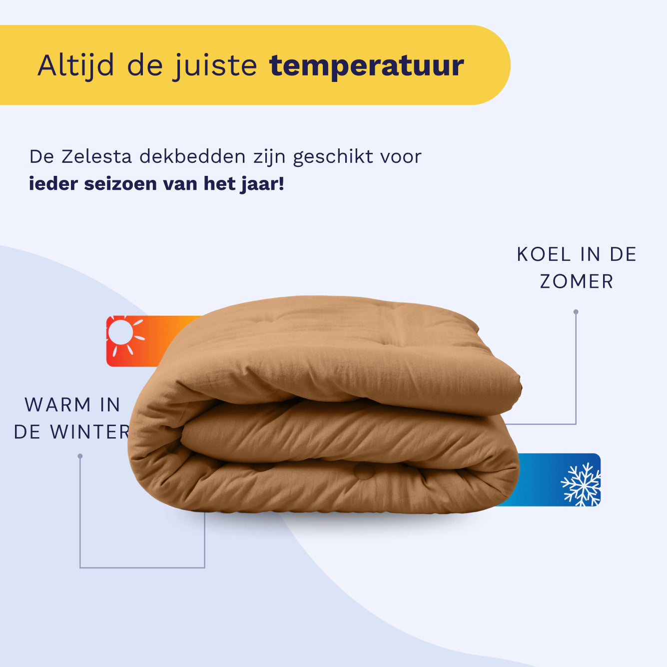 Het Zelesta Japandibed Katoen Mousseline - Terra dekbed wordt getoond met pictogrammen voor winterwarmte en zomerkoelte. De Nederlandse tekst benadrukt het 2-in-1 ontwerp en het mousseline katoen materiaal, waardoor het ideaal is voor alle seizoenen.
