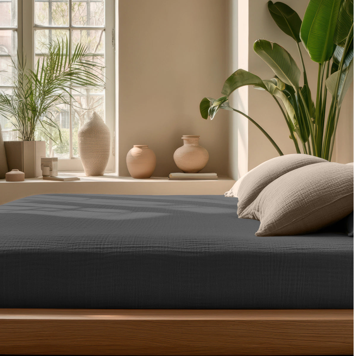 Een bed met de Mousseline Hoeslaken - Antraciet en twee kussens staat bij een natuurlijk verlicht raam, omringd door potplanten en neutraal gekleurde vazen.