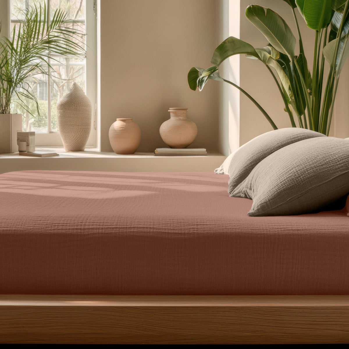 Een keurig opgemaakt bed met ademend beddengoed en een Mousseline Hoeslaken - Dusty-Rose staat bij het raam. Keramische vazen en groene planten sieren de zacht zonverlichte kamer.