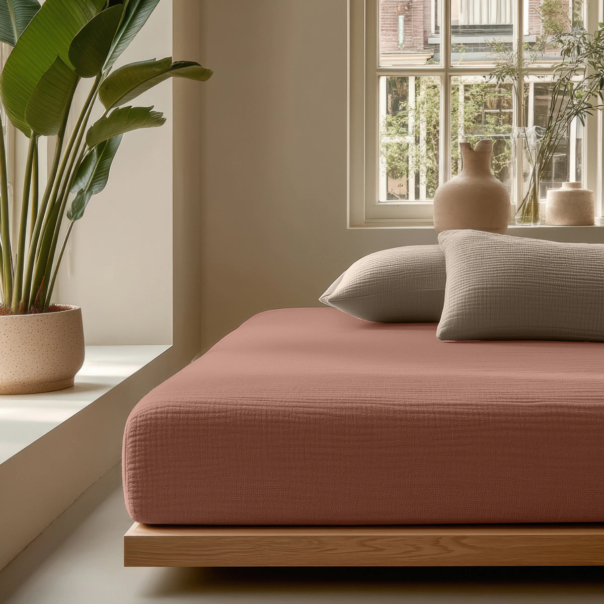 Minimalistische slaapkamer met een laag houten bed met Mousseline Hoeslaken - Dusty-Rose beddengoed, grijze kussens, een potplant, decoratieve vazen en zonlicht dat door een groot raam naar binnen schijnt.