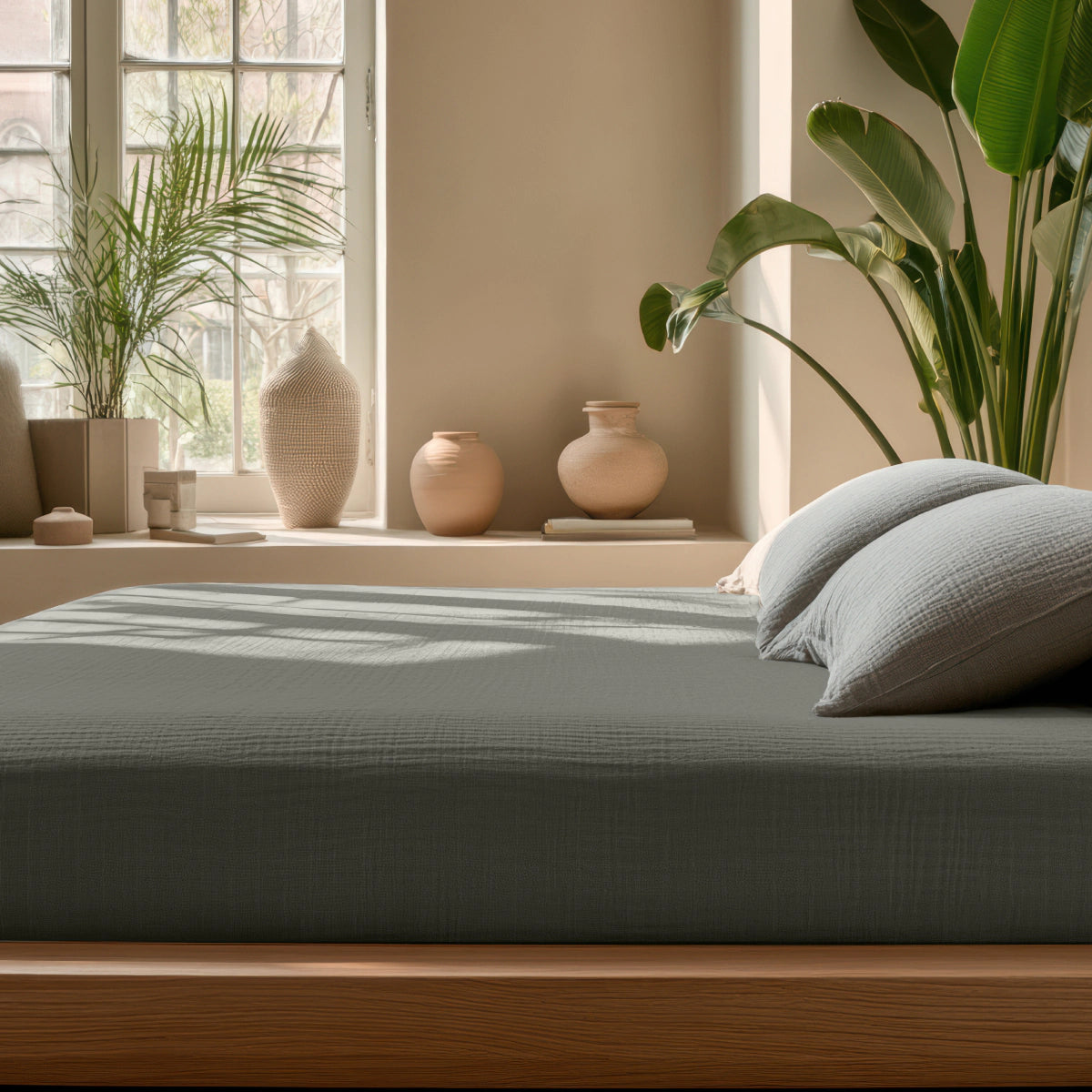 Minimalistische slaapkamer met een netjes opgemaakt bed met de Mousseline Hoeslaken - Grijsgroen, decoratieve vazen en potplanten bij een groot zonovergoten raam.