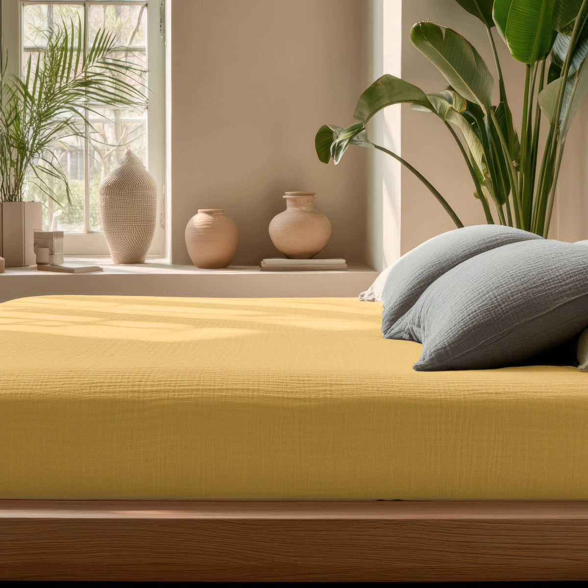 Een bed met een okergele Mousseline Hoeslaken en twee grijze kussens staat bij een raam, versierd met potplanten en vazen op de vensterbank.