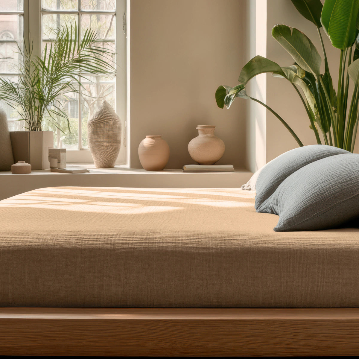 Een zonovergoten, minimalistische slaapkamer met een netjes opgemaakt bed met de Mousseline Hoeslaken - Taupe, twee blauwe kussens bij het raam en potplanten met keramieken vazen op de vensterbank.