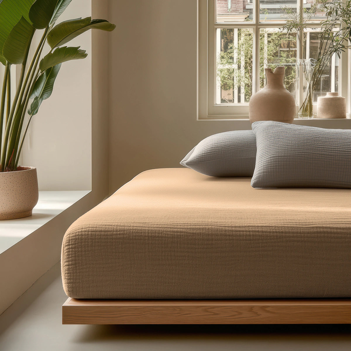 Minimalistische slaapkamer met een laag houten bedframe, Mousseline Hoeslaken - Taupe, twee grijze kussens, planten in potten op de vensterbank en natuurlijk licht door een raam.