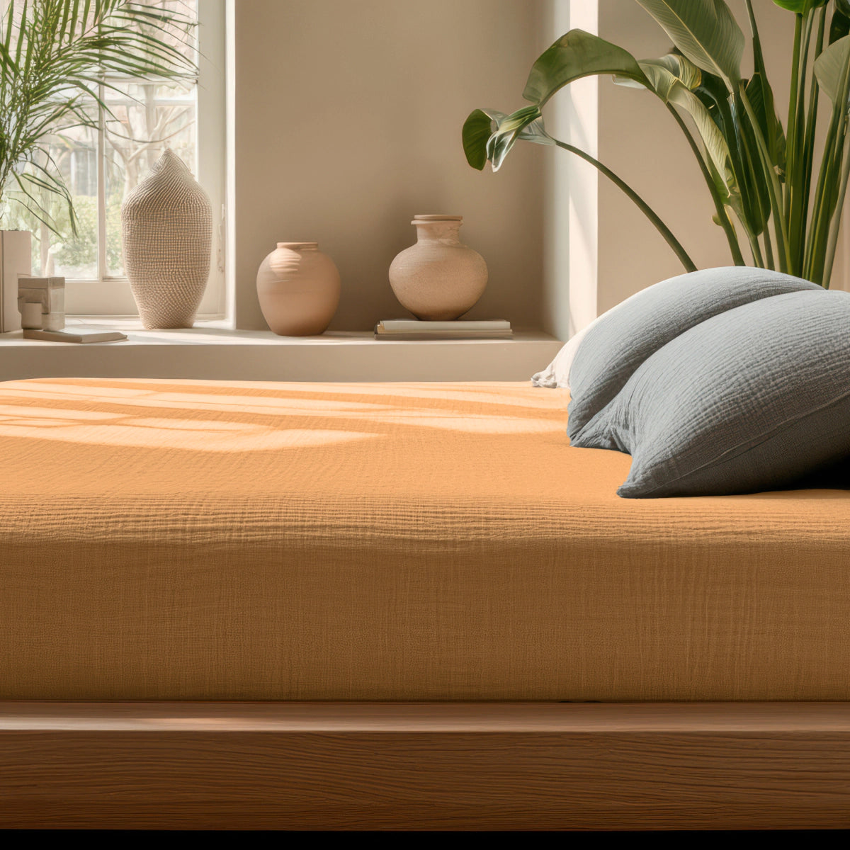 Een netjes opgemaakt bed met de Mousseline Hoeslaken - Terra overtrek en twee grijze kussens staat bij een raam met groene planten en decoratieve vazen, waardoor een luchtige sfeer ontstaat met ademend beddengoed.