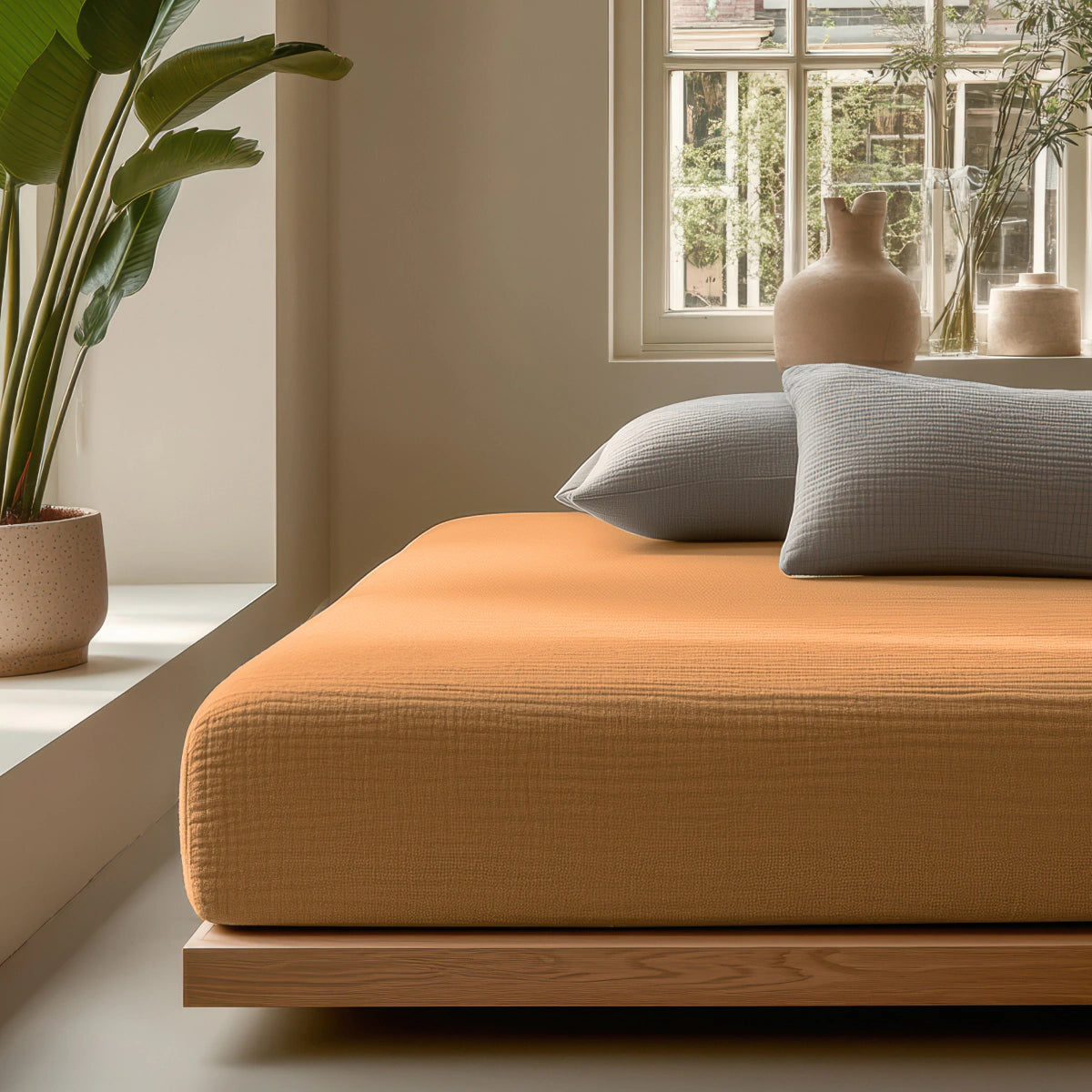 Minimalistische slaapkamer met een laag houten bedframe, oranje sprei, Mousseline Hoeslaken - Terra, twee grijze kussens, potplanten en keramische vazen bij een raam dat natuurlijk licht binnenlaat voor een ademend bedgoed.