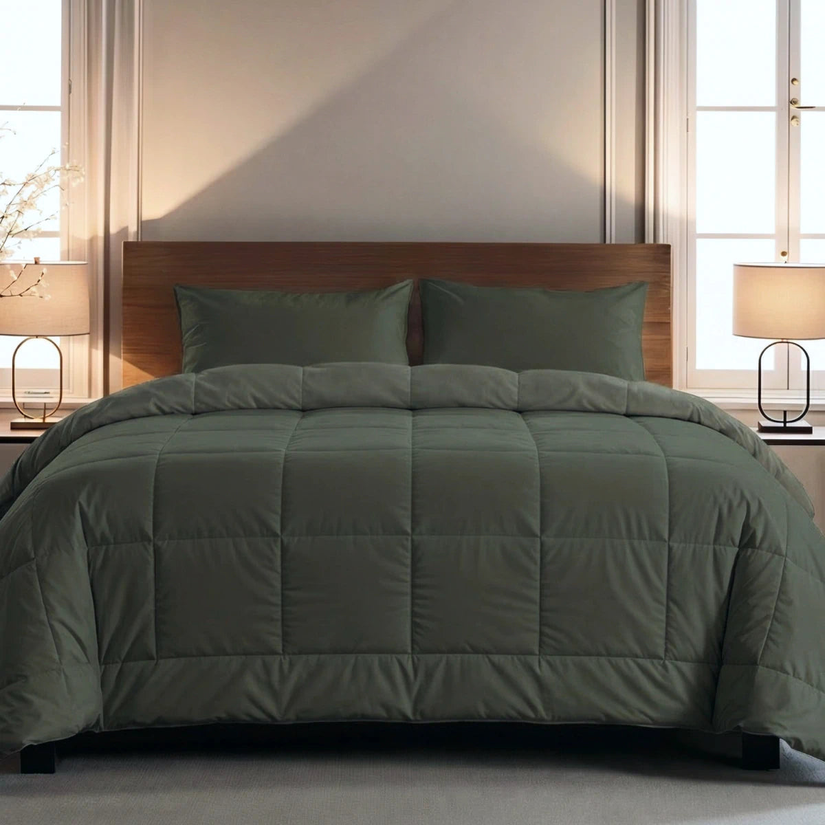 Een keurig opgemaakt bed met een groen gewatteerd dekbed en Zelesta Pure Uni kussenslopen set van 2 in Olijfzwart, verlicht door lampen op nachtkastjes, staat tegen een houten hoofdeinde bij twee ramen. Het beddengoed is voorzien van superzacht katoen voor extra comfort.