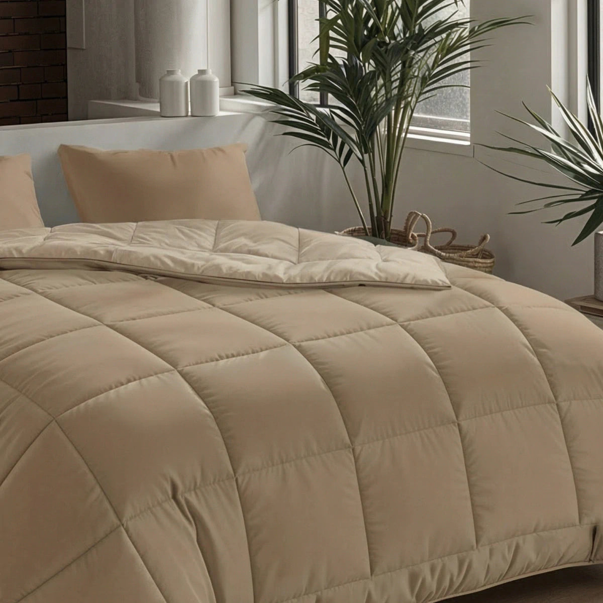 Een keurig opgemaakt bed met een Zelesta Pure Uni Dekbed in cacaobruin en kussens, gelegen bij een raam versierd met potplanten en decoratieve accenten op de vensterbank.