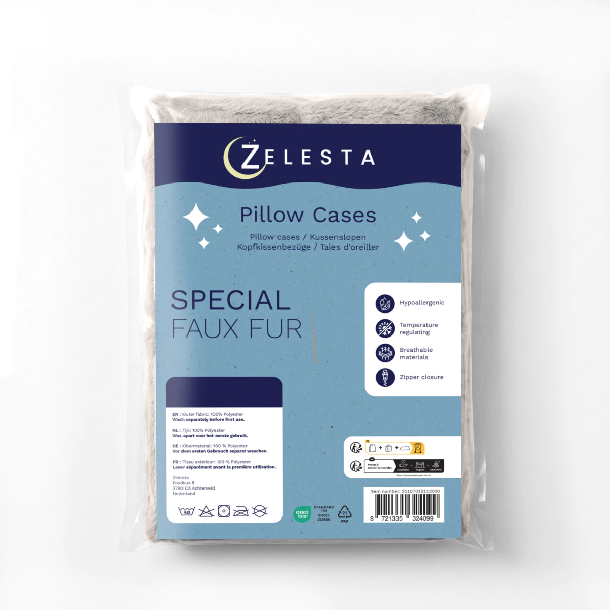 Zelesta Special Teddy Faux Fur Pillowcase Set Of 2 - Moon Grey
