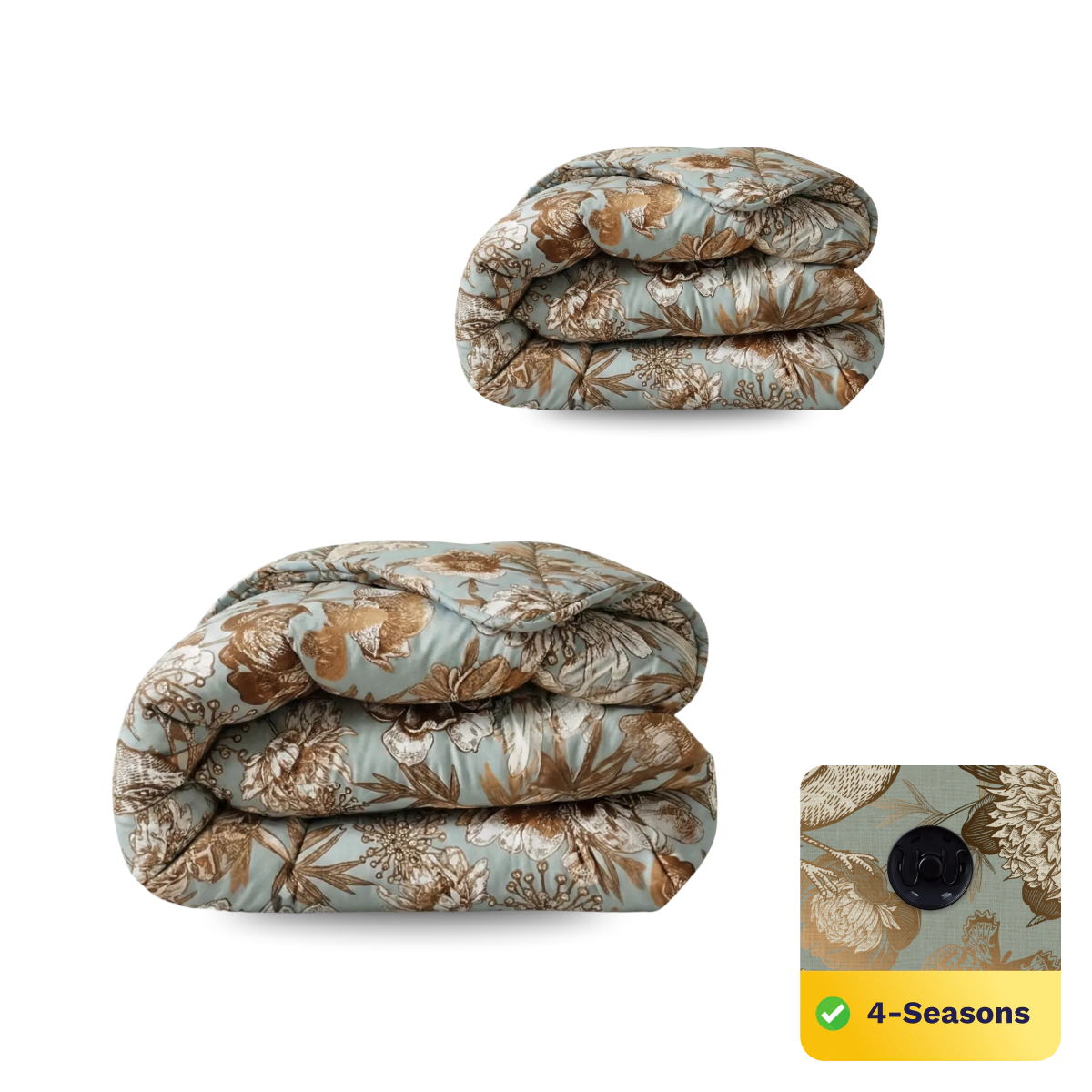 Twee opgevouwen dekbedden, één dichterbij en één verder, plus een stoffen sluiting met knoop en het Zelesta Wonderbed 4 Seasons Double - Botanic Chique label - ideaal voor temperatuurregulerend comfort het hele jaar door.