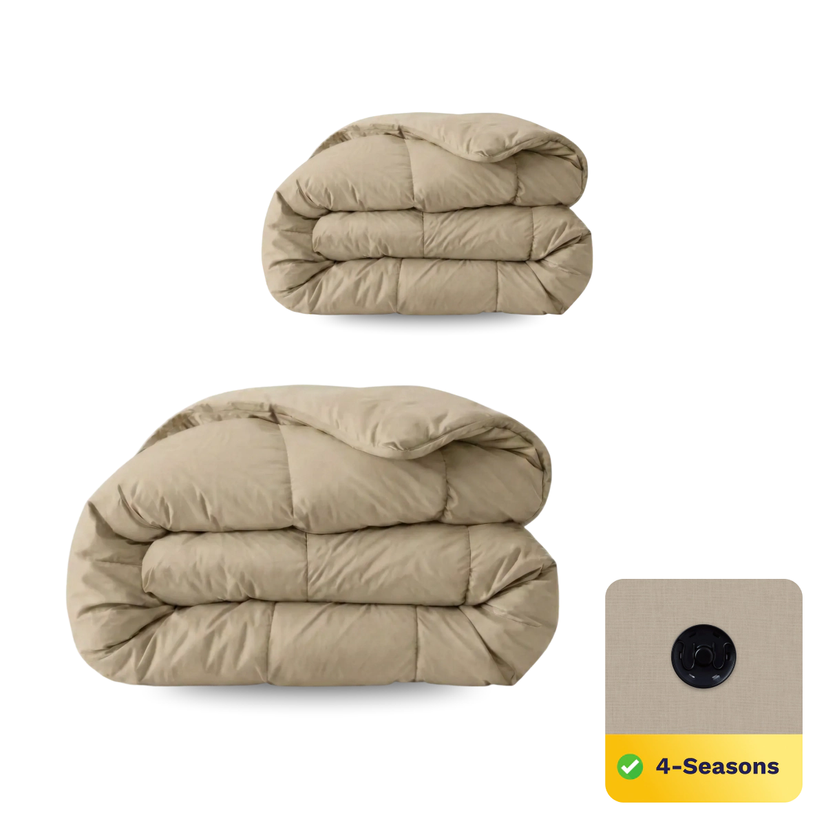 Twee gevouwen Zelesta Wonderbed 4 Seasons Double Katoen dekbedden in Taupe Blush zijn gestapeld, met rechtsonder een close-up van de stof en de productnaam.