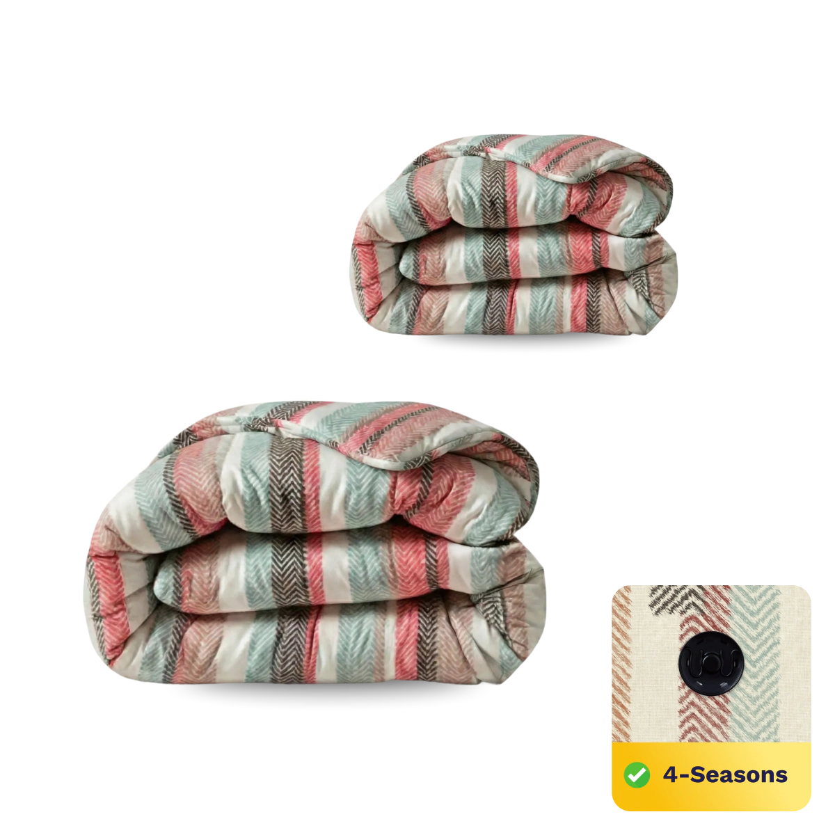 Twee gevouwen Zelesta Wonderbed 4 Seasons Double - Vintage Vibe dekens met een roze, groen en beige chevron patroon, stoffen textuur inzet, knoop met innovatief kliksysteem, en 4-Seizoenen dekbed label zichtbaar.