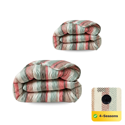 Twee gevouwen Zelesta Wonderbed 4 Seasons Double - Vintage Vibe dekens met een roze, groen en beige chevron patroon, stoffen textuur inzet, knoop met innovatief kliksysteem, en 4-Seizoenen dekbed label zichtbaar.