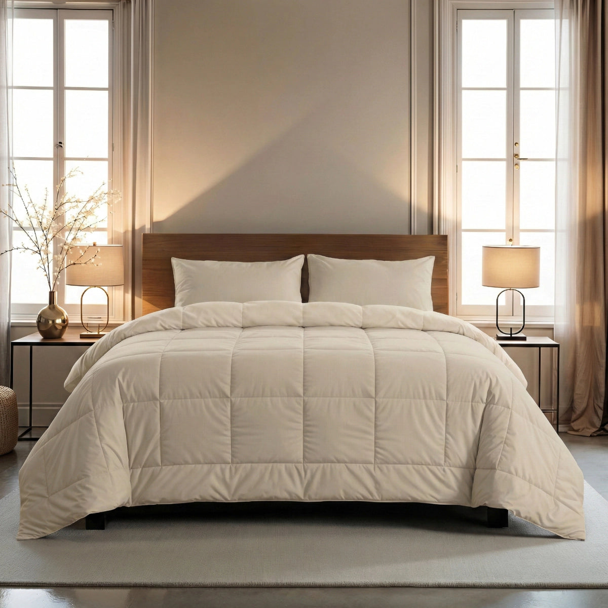 Een netjes opgemaakt bed met de Zelesta Wonderbed 4 Seasons Double Katoen in Desert Sand en twee kussens, geflankeerd door nachtkastjes met lampen, in een kamer met grote ramen en een neutrale inrichting.