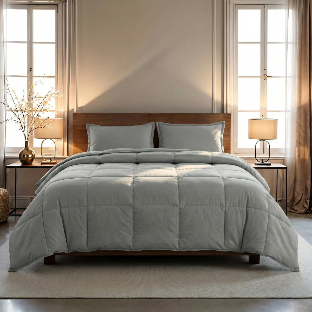 Een keurig opgemaakt bed met een Zelesta Wonderbed 4 Seasons Double Katoen - Morning Grey en bijpassende kussens, geflankeerd door twee nachtkastjes met lampen, in een zacht verlichte slaapkamer met twee ramen.