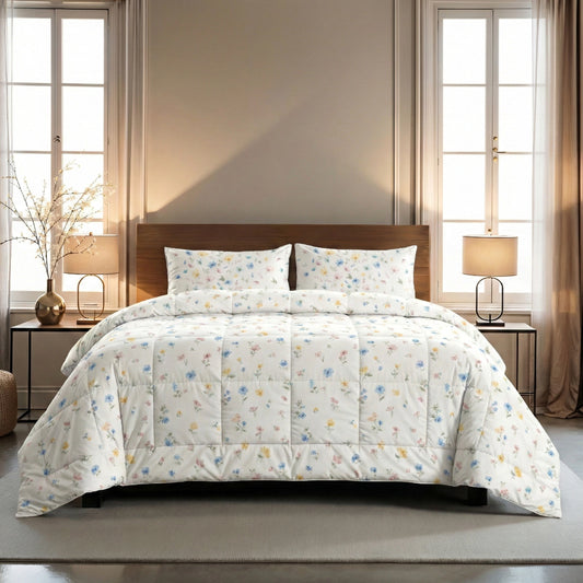 Een netjes opgemaakt bed met het Zelesta Wonderbed - Spring Bloom, met een wit dekbed en kussenslopen versierd met kleine, kleurrijke bloemmotieven, tussen twee ramen met beige gordijnen plus bijpassende nachtkastjes en lampen.