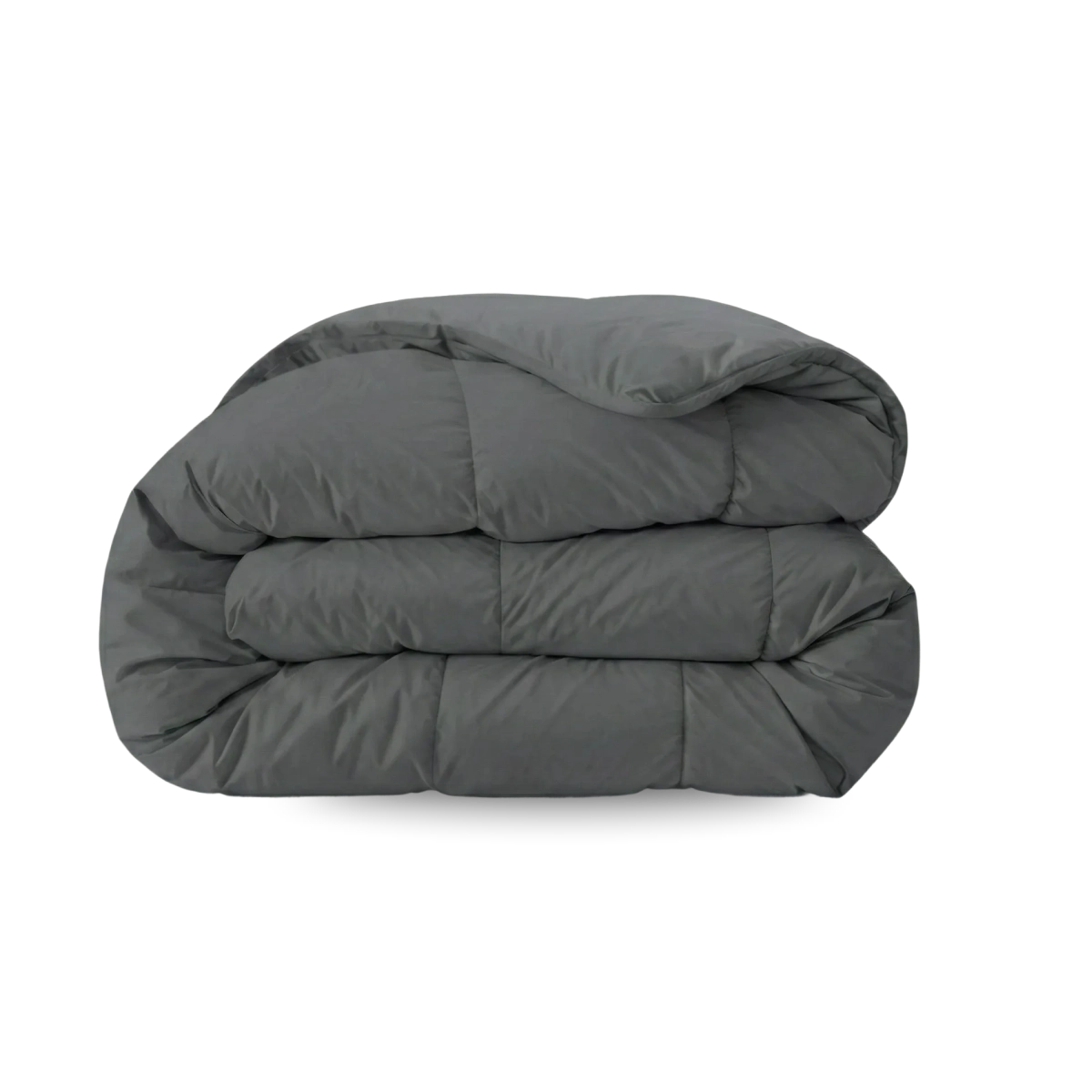 Een netjes opgevouwen Zelesta Wonderbed - Stone Grey anti-allergie dekbed of deken op een effen witte ondergrond.
