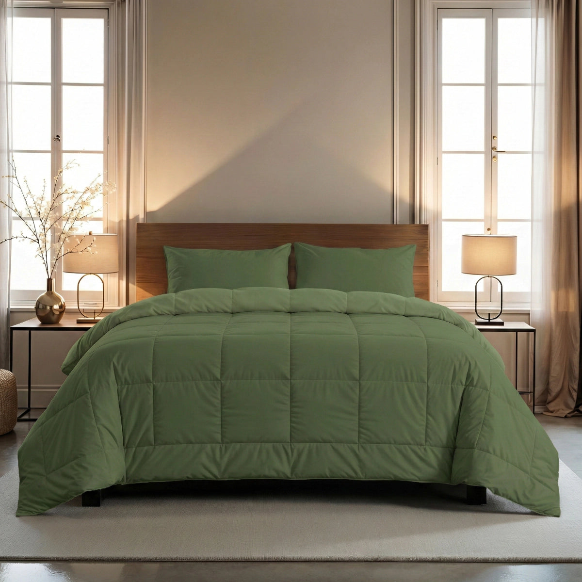 Een Zelesta Wonderbed 4 Seasons Double - Timeless Green met een groen dekbed en bijpassende kussens, innovatief kliksysteem dekbed, tussen twee ramen met beige gordijnen, geflankeerd door nachtkastjes en tafellampen.