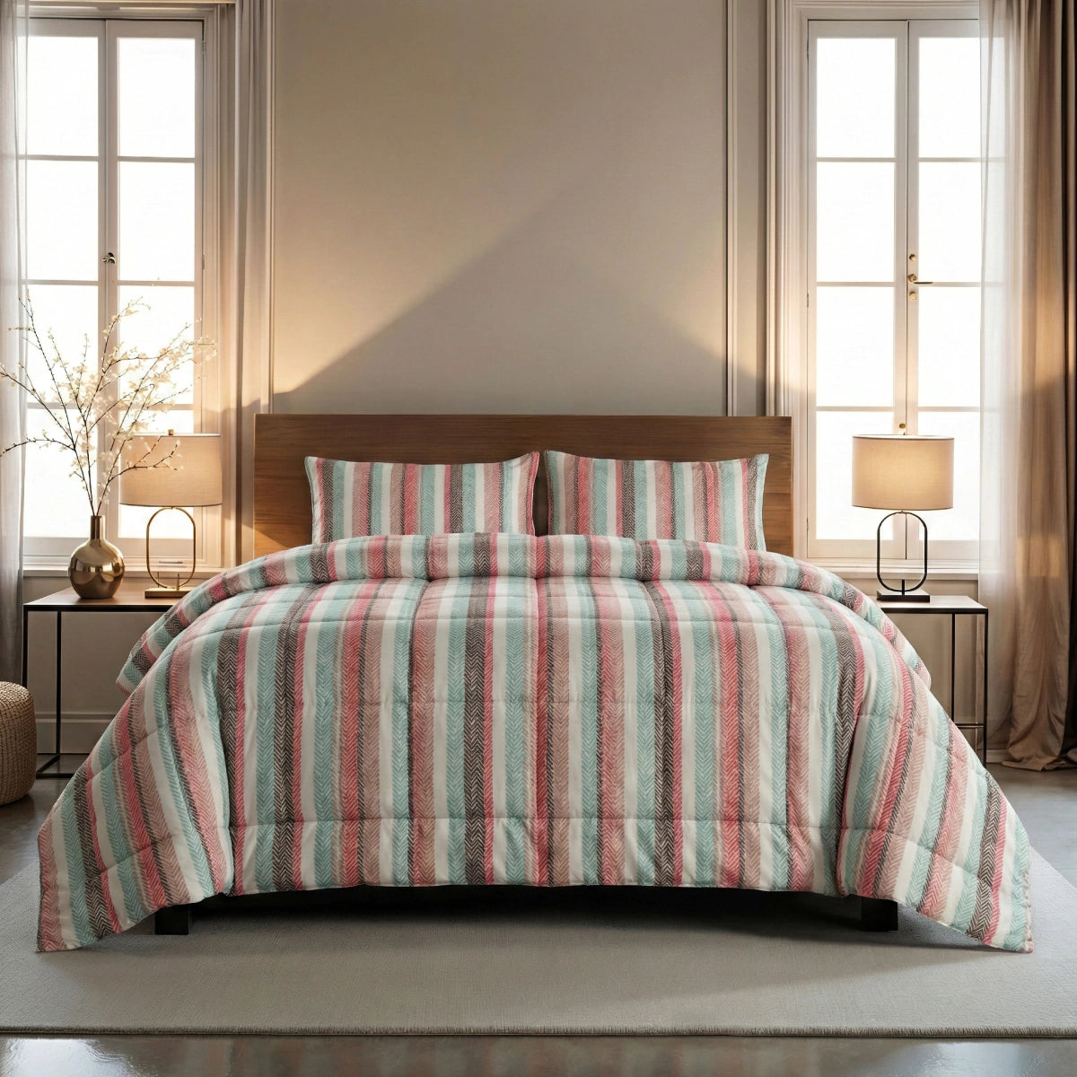 Een keurig opgemaakt bed met het Zelesta Wonderbed - Vintage Vibe gestreepte, anti-allergie dekbed en kussenslopen in pasteltinten, geflankeerd door nachtkastjes en lampen tussen hoge ramen met beige gordijnen-een knus plekje voor je wasbaar dekbed.