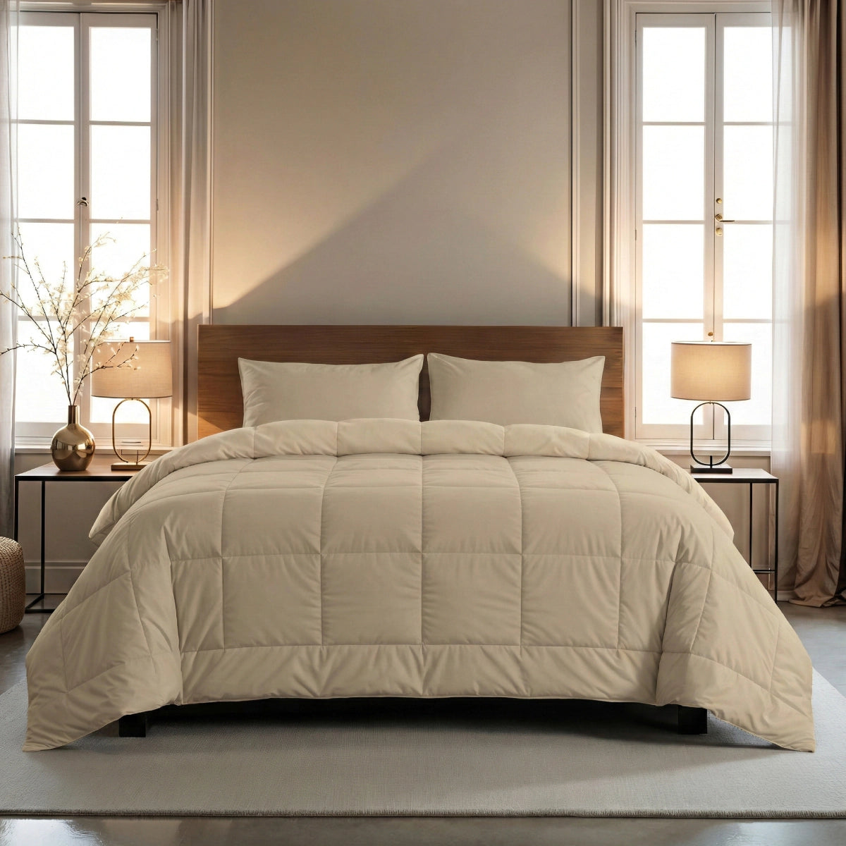 Een netjes opgemaakt bed met een Zelesta Wonderbed - Warm Sand en twee kussens, geflankeerd door nachtkastjes met lampen, in een zacht verlichte slaapkamer met grote ramen en een neutrale inrichting.