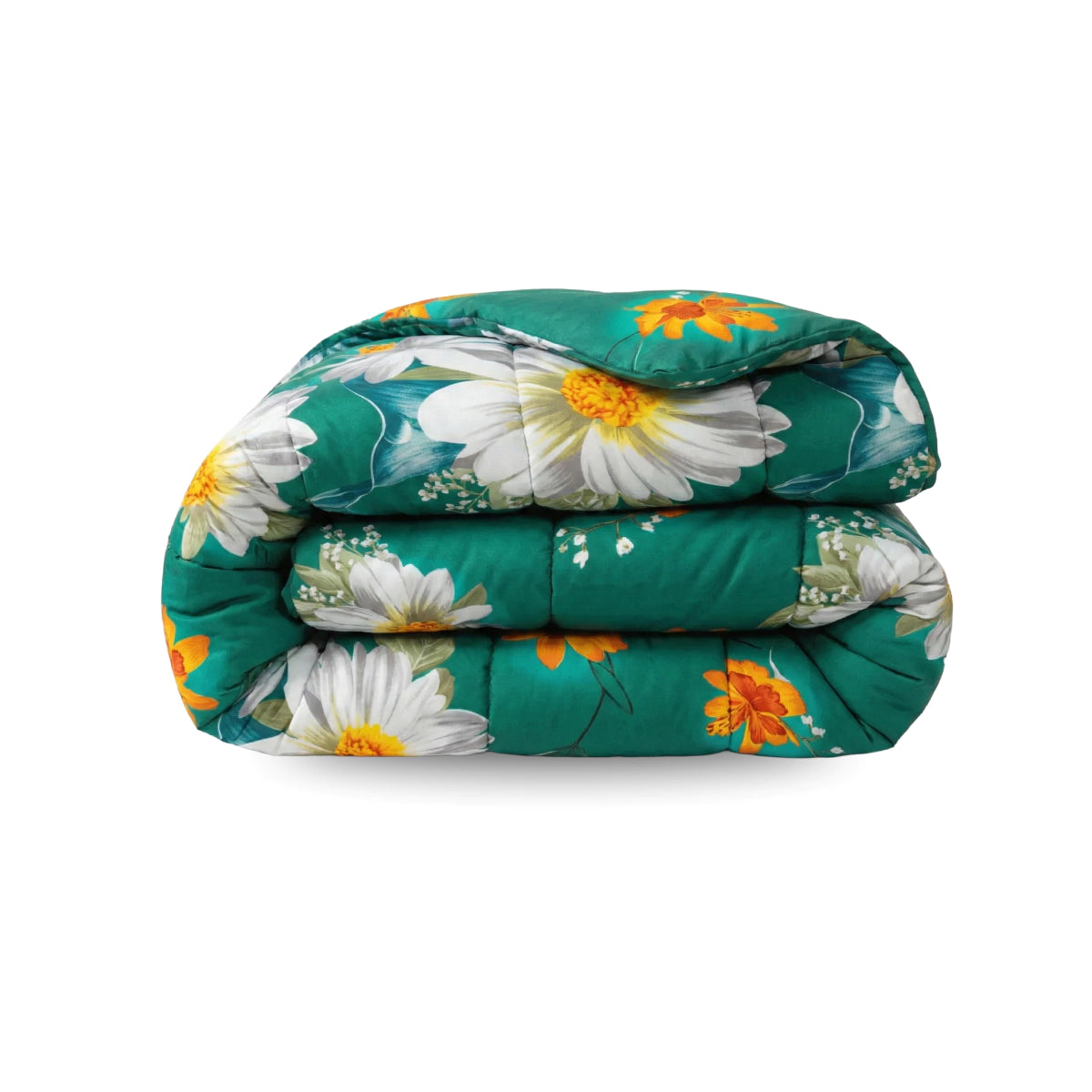 Een gevouwen groen Zelesta Wonderbed - Spring Flowers dekbed met grote witte en gele bloemen, oranje accenten; dit wasbaar dekbed is ook anti-allergisch.