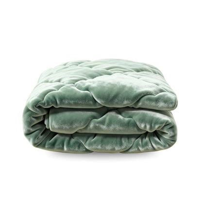 Het Zelesta Flanel Uni in groen is een netjes gevouwen, fluweelzacht flanel dekbed of deken met een zachte, pluche textuur, tegen een witte achtergrond.